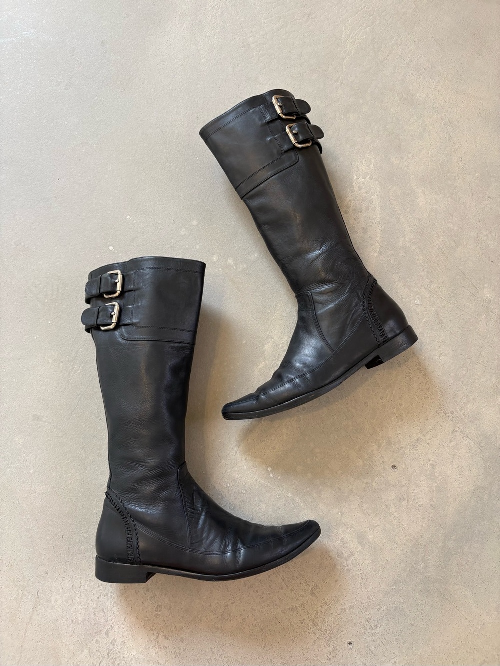 Fendi Vintage Black Leather Double Buckle F Laser Cut Heel Riding Boot size 7
